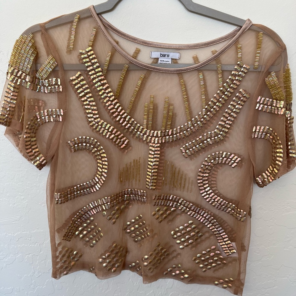 Bar III Gold Embellished Sheer Crop Top